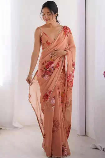 Elegant Peach Georgette Silk Printed Saree with Moti Lace Border & Unstitched Blouse