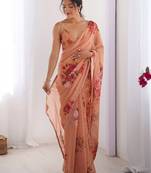Elegant Peach Georgette Silk Printed Saree with Moti Lace Border & Unstitched Blouse