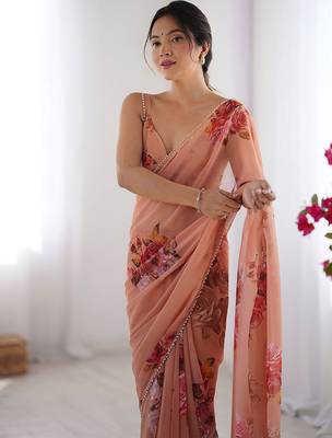Elegant Peach Georgette Silk Printed Saree with Moti Lace Border & Unstitched Blouse 2