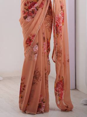 Elegant Peach Georgette Silk Printed Saree with Moti Lace Border & Unstitched Blouse 4
