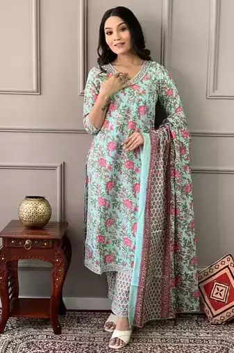 Coral Blue Printed Cotton Kurta and Pant Set with Dupatta