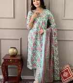 Coral Blue Printed Cotton Kurta and Pant Set with Dupatta