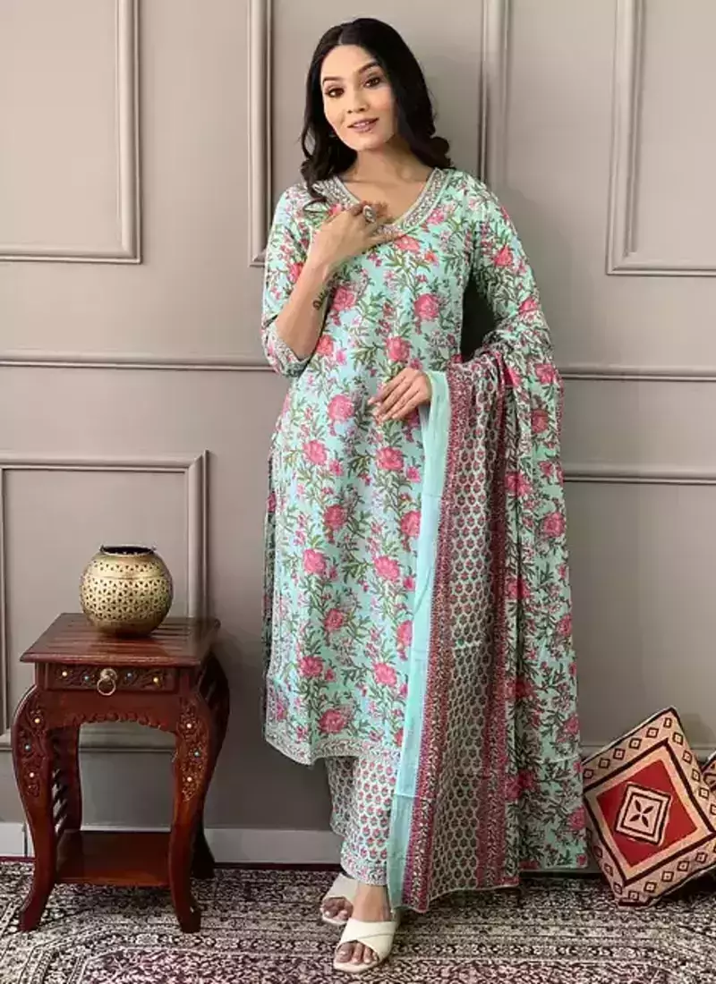 Coral Blue Printed Cotton Kurta and Pant Set with Dupatta