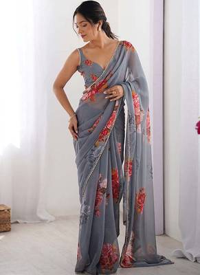 Stylish Grey Georgette Silk Saree with Floral Print & Moti Lace Border 1