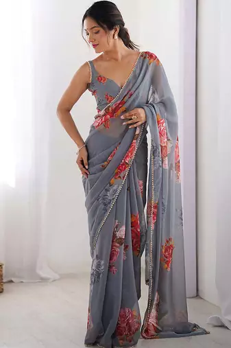 Stylish Grey Georgette Silk Saree with Floral Print & Moti Lace Border