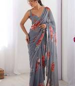 Stylish Grey Georgette Silk Saree with Floral Print & Moti Lace Border