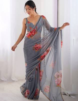 Stylish Grey Georgette Silk Saree with Floral Print & Moti Lace Border 2
