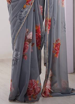 Stylish Grey Georgette Silk Saree with Floral Print & Moti Lace Border 3