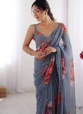 Stylish Grey Georgette Silk Saree with Floral Print & Moti Lace Border 4
