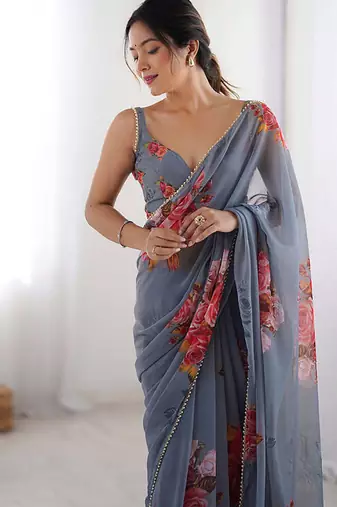 Stylish Grey Georgette silk blend Saree with Floral Print & Moti Lace Border