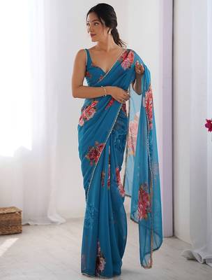 Trendy Teal Blue Georgette Silk Printed Saree with Designer Moti Lace Border 1
