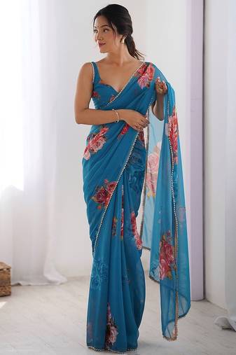 Trendy Teal Blue Georgette Silk Printed Saree with Designer Moti Lace Border