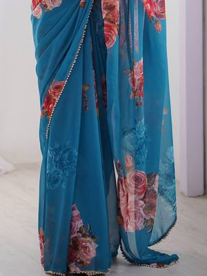 Trendy Teal Blue Georgette Silk Printed Saree with Designer Moti Lace Border 3