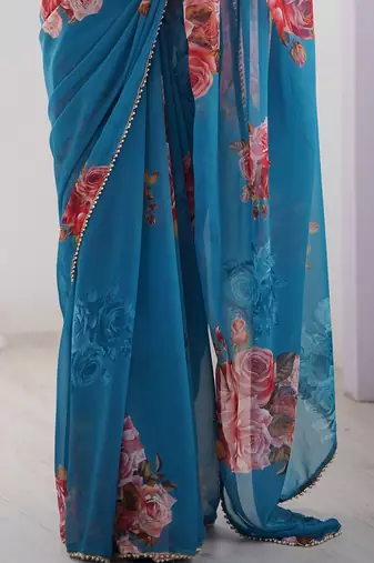 Trendy Teal Blue Georgette silk blend Printed Saree with Moti Lace Border