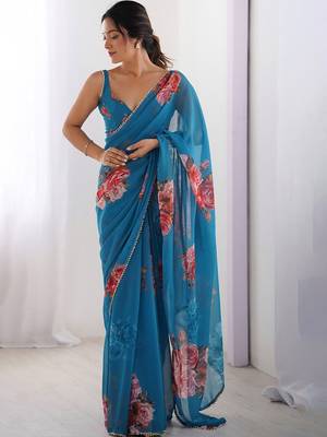 Trendy Teal Blue Georgette Silk Printed Saree with Designer Moti Lace Border 4