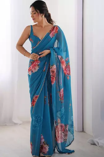 Trendy Teal Blue Georgette silk blend Printed Saree with Moti Lace Border