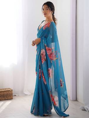 Trendy Teal Blue Georgette Silk Printed Saree with Designer Moti Lace Border 5
