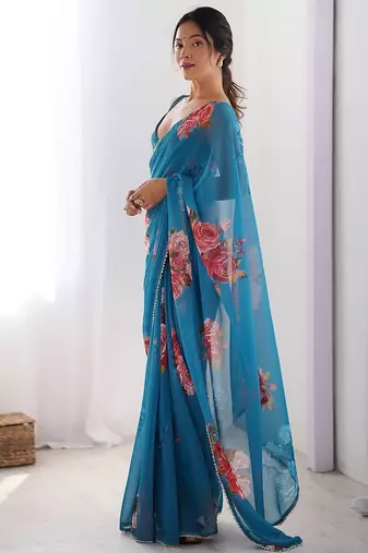 Trendy Teal Blue Georgette silk blend Printed Saree with Moti Lace Border