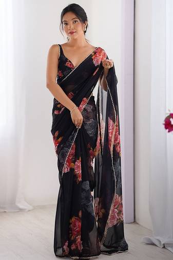 Classic Black Georgette Silk Saree with Rich Floral Print & Moti Lace Detailing
