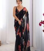 Classic Black Georgette Silk Saree with Rich Floral Print & Moti Lace Detailing