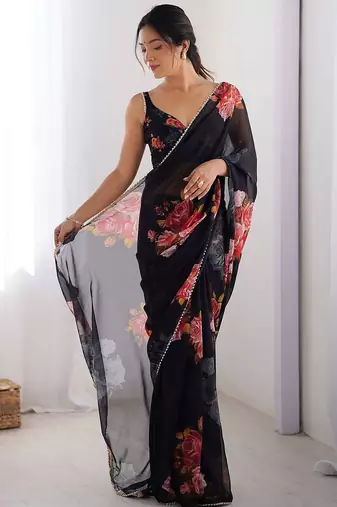 Classic Black Georgette silk blend Saree with Rich Floral Print & Moti Lace Detailing