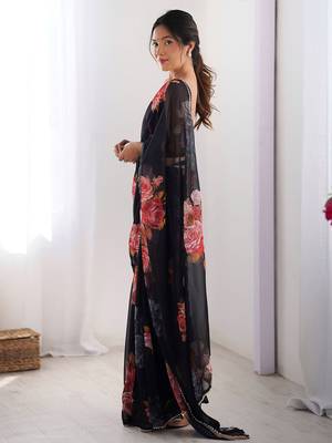 Classic Black Georgette silk blend Saree with Rich Floral Print & Moti Lace Detailing 4