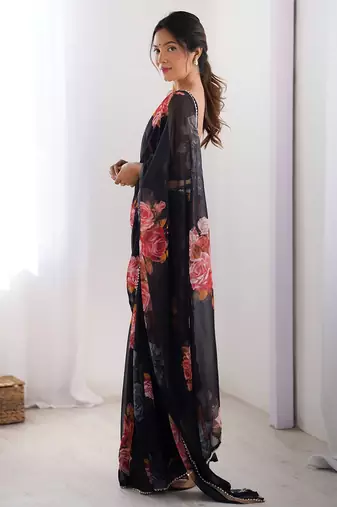 Classic Black Georgette silk blend Saree with Rich Floral Print & Moti Lace Detailing