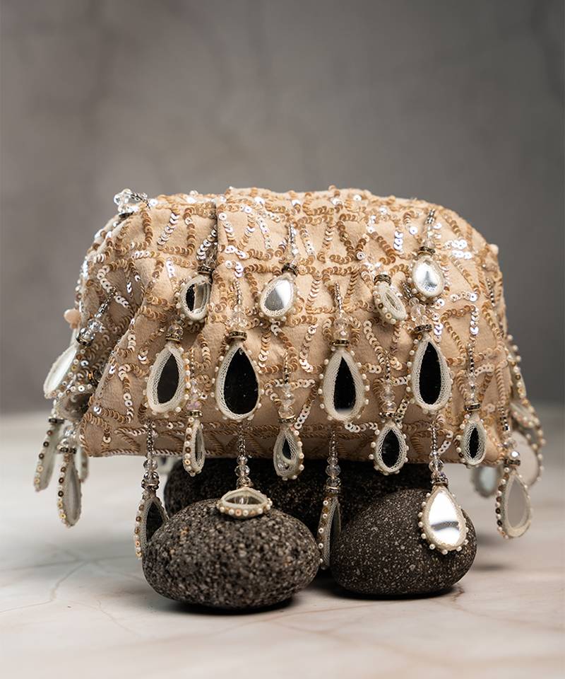 White silk mirror embroidered clutch