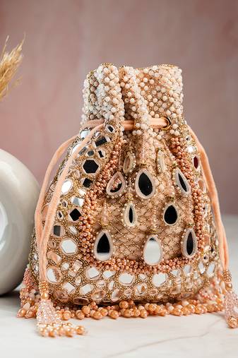 Pink silk mirror embroidered potli bag 