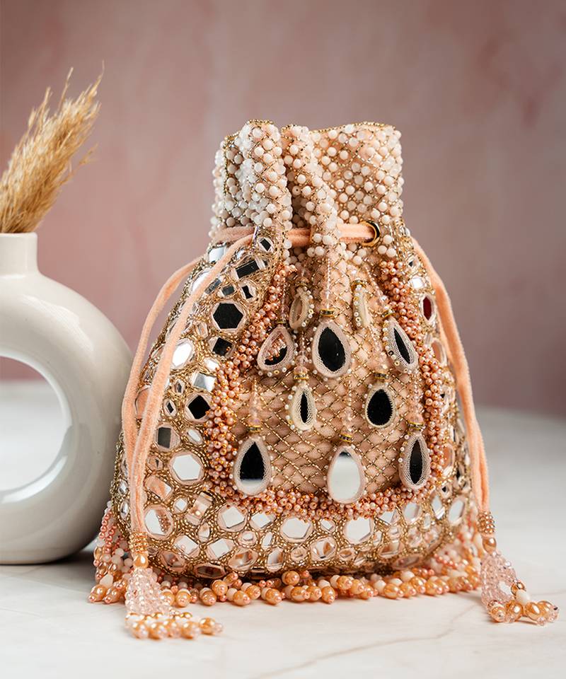 Pink silk mirror embroidered potli bag 