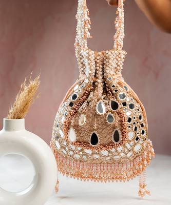 pink mirror & bead embroidered silk potli bag 2