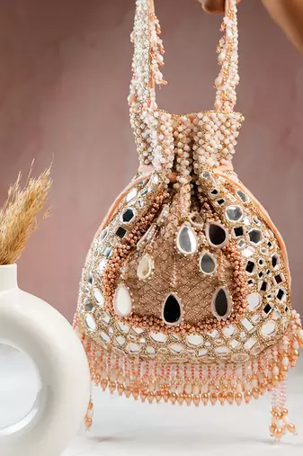 pink mirror & bead embroidered silk potli bag