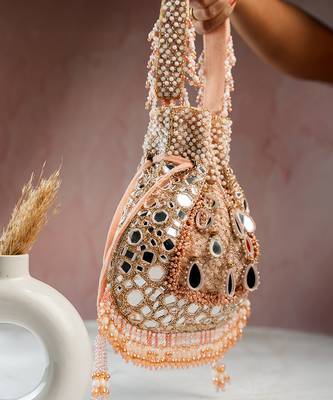 pink mirror & bead embroidered silk potli bag 3