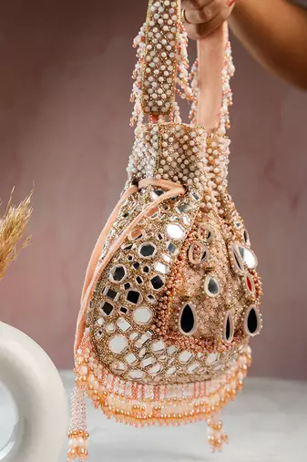 pink mirror & bead embroidered silk potli bag