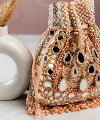 pink mirror & bead embroidered silk potli bag 4