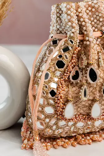 pink mirror & bead embroidered silk potli bag