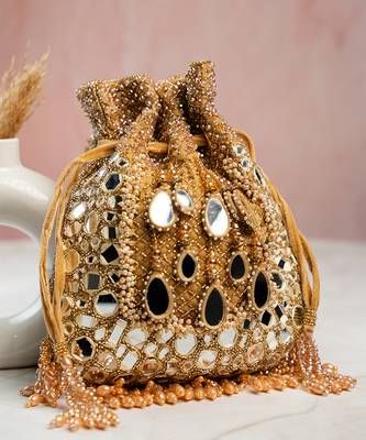 gold mirror & bead embroidered silk potli bag 1