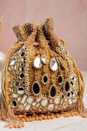 Gold silk mirror embroidered potli bag 