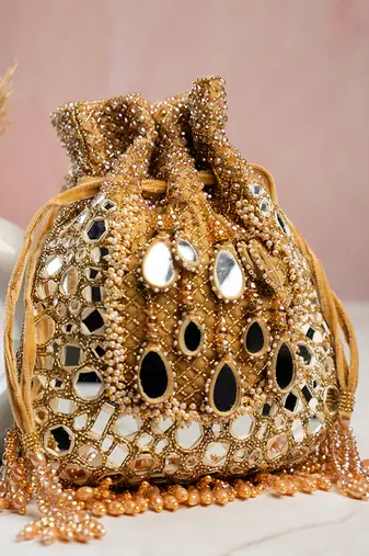 Gold silk mirror embroidered potli bag 