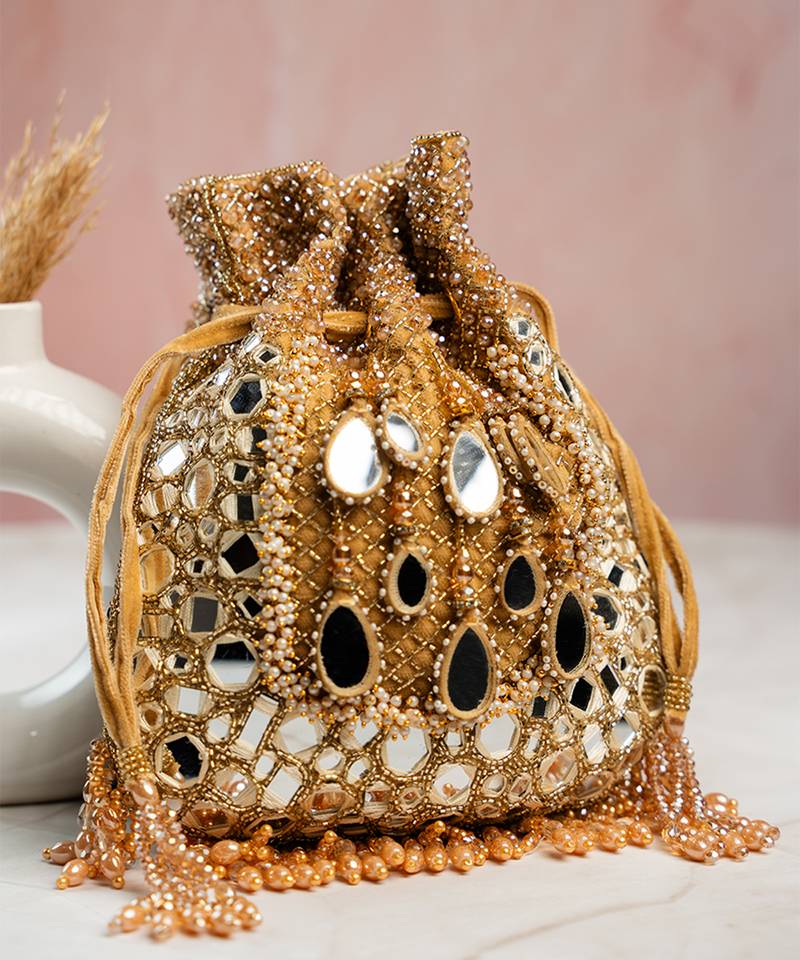 Gold silk mirror embroidered potli bag 