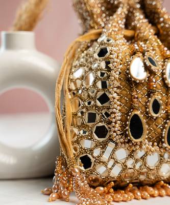 gold mirror & bead embroidered silk potli bag 2