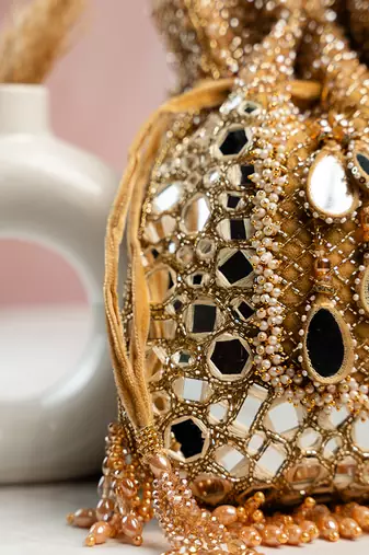 gold mirror & bead embroidered silk potli bag