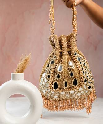 gold mirror & bead embroidered silk potli bag 3