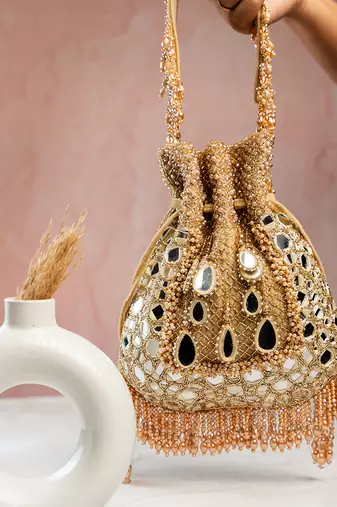 gold mirror & bead embroidered silk potli bag