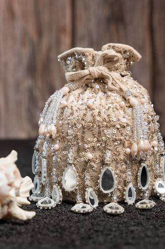 White silk mirror embroidered potli bag 