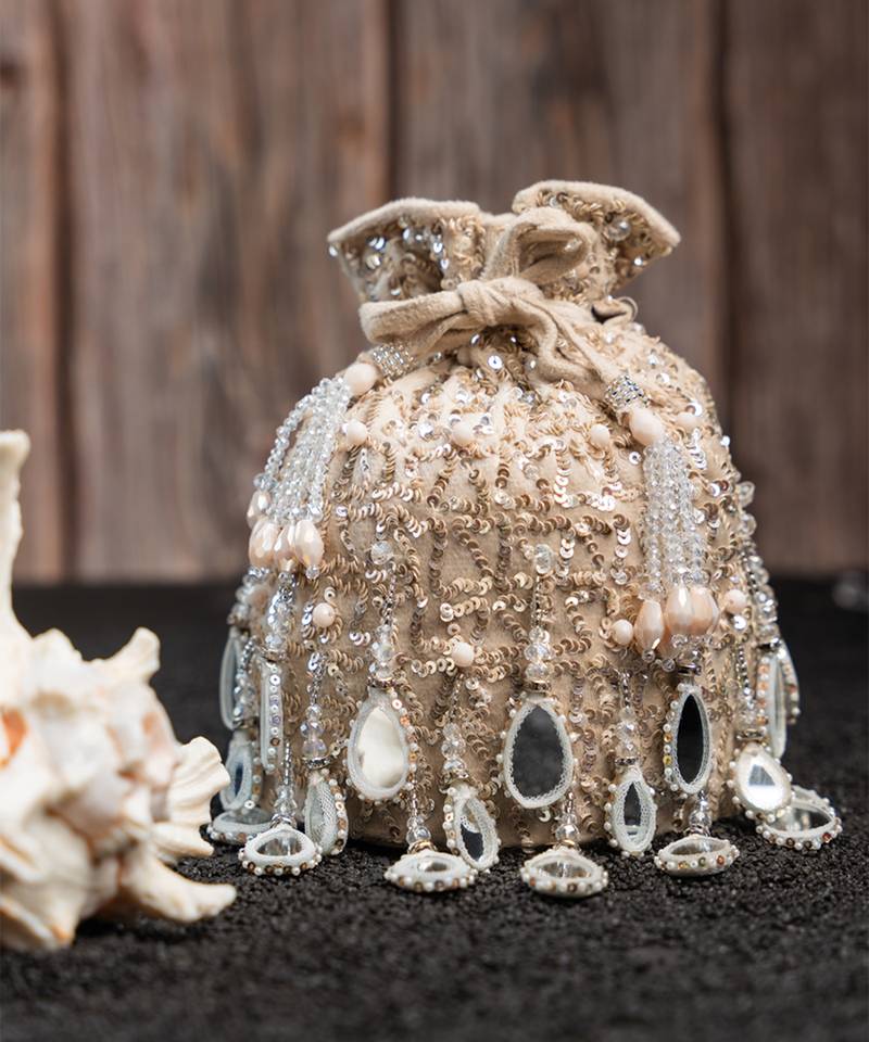 White silk mirror embroidered potli bag 