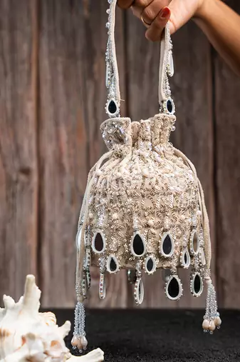ivory mirror & sequin embroidered silk potli bag