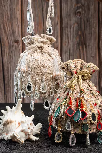 ivory mirror & sequin embroidered silk potli bag