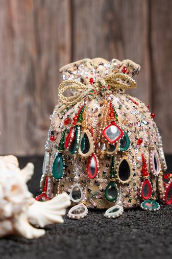 White silk embroidered potli bag