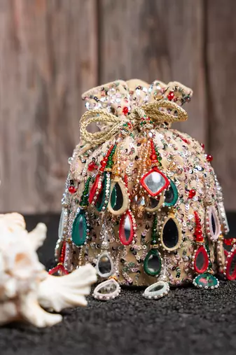 White silk embroidered potli bag